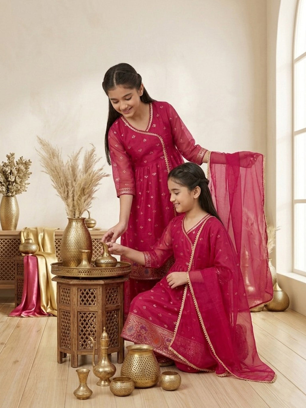 Kinder Kids Pink Printed Angrakha Top with Pink Sharara And Dupatta