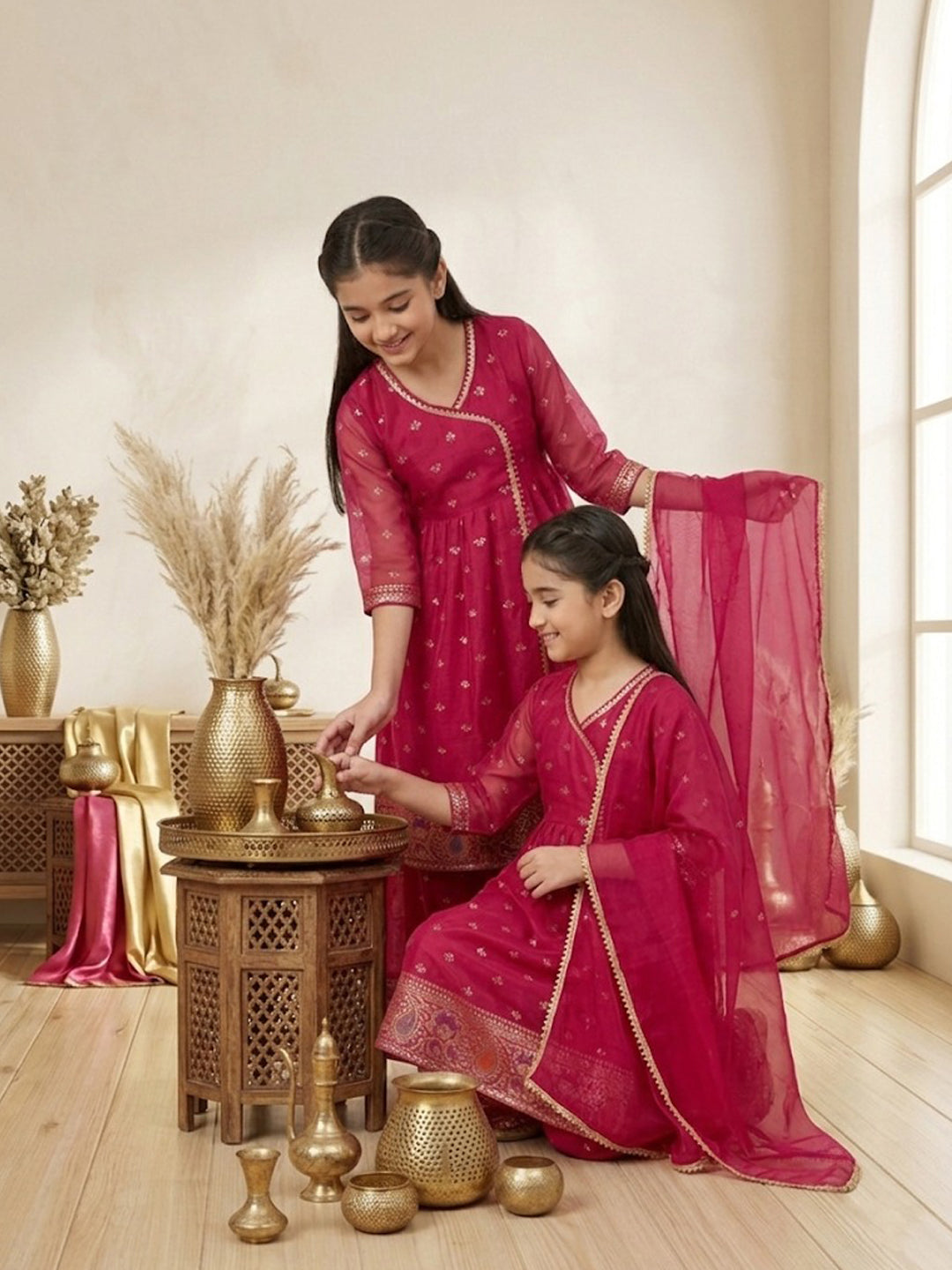 Kinder Kids Pink Printed Angrakha Top with Pink Sharara And Dupatta