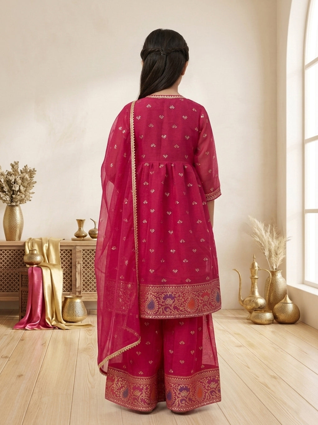 Kinder Kids Pink Printed Angrakha Top with Pink Sharara And Dupatta