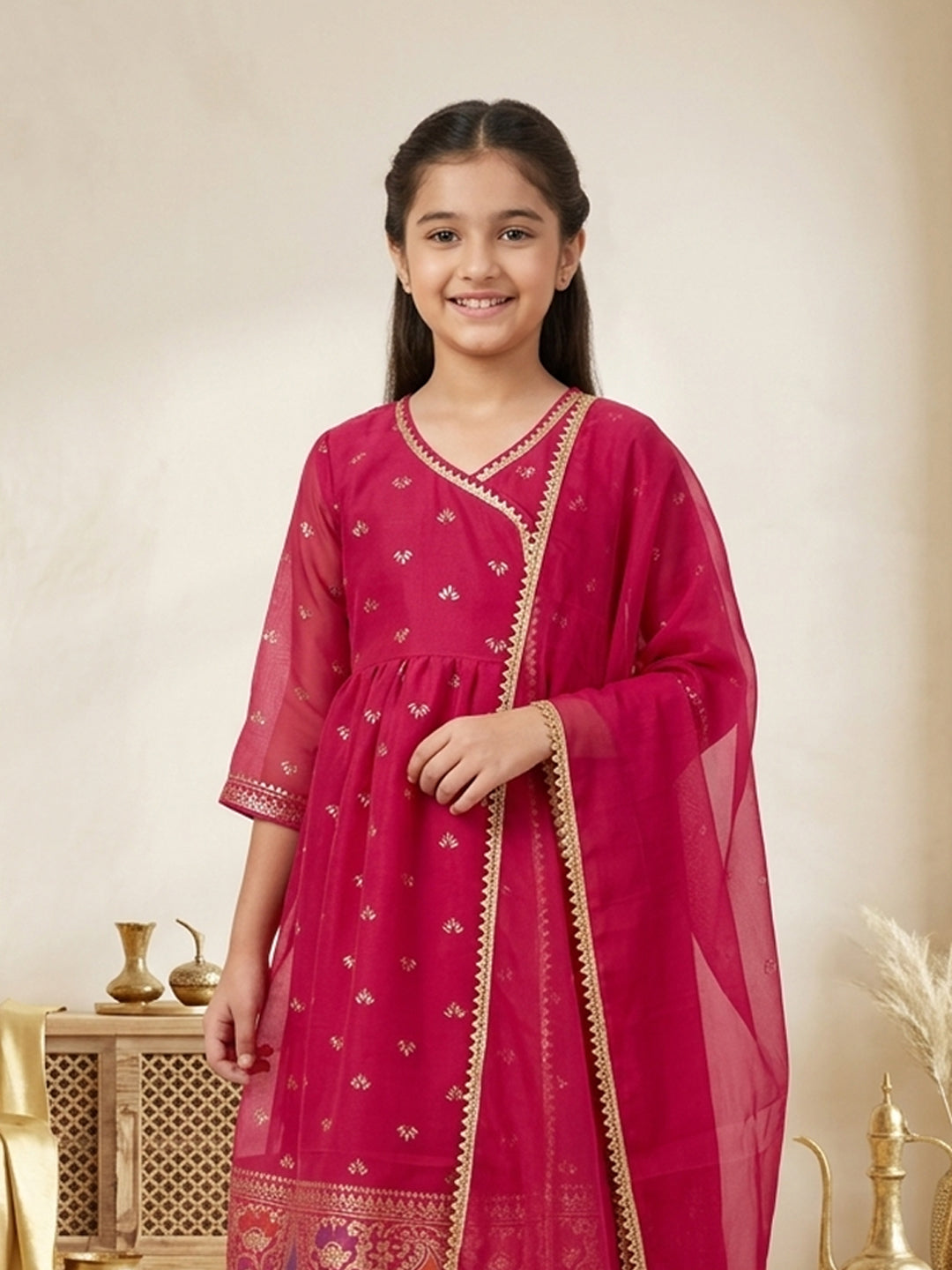 Kinder Kids Pink Printed Angrakha Top with Pink Sharara And Dupatta