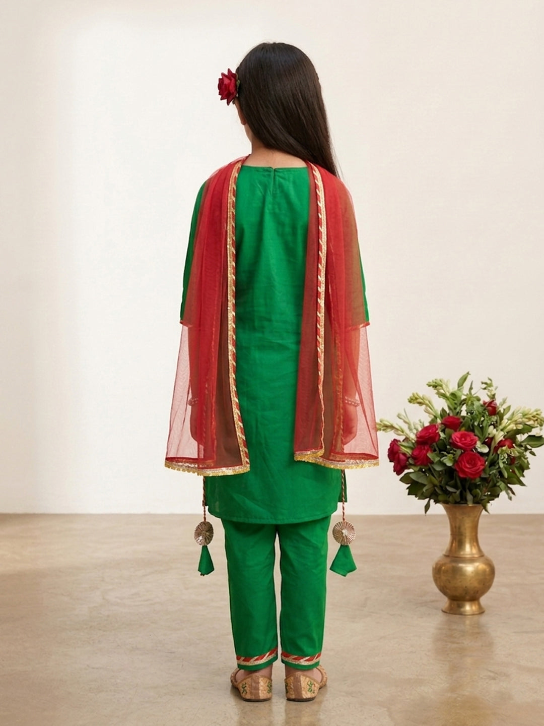 Kinder Kids Green Floral Embroidered Kurti With Green Pant and Dupatta