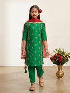 Kinder Kids Green Floral Embroidered Kurti With Green Pant and Dupatta