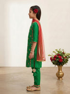 Kinder Kids Green Floral Embroidered Kurti With Green Pant and Dupatta