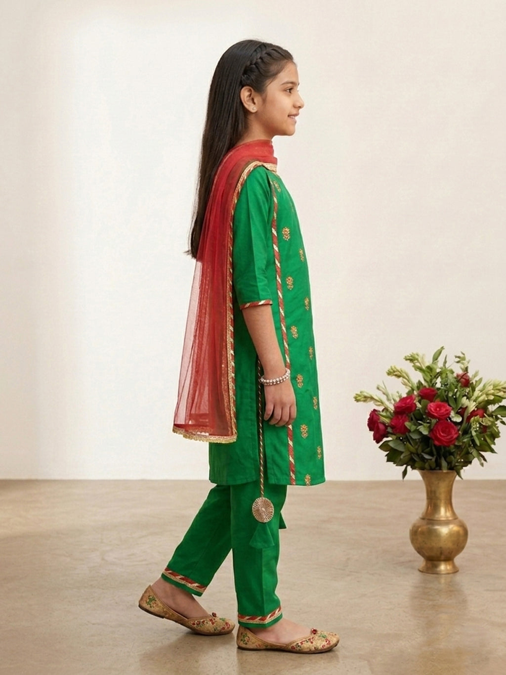 Kinder Kids Green Floral Embroidered Kurti With Green Pant and Dupatta