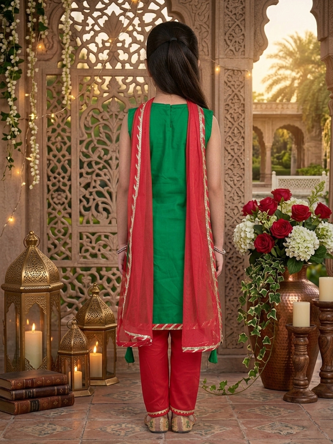 Kinder Kids Green Floral Embroidered Kurti With Red Pant and Dupatta