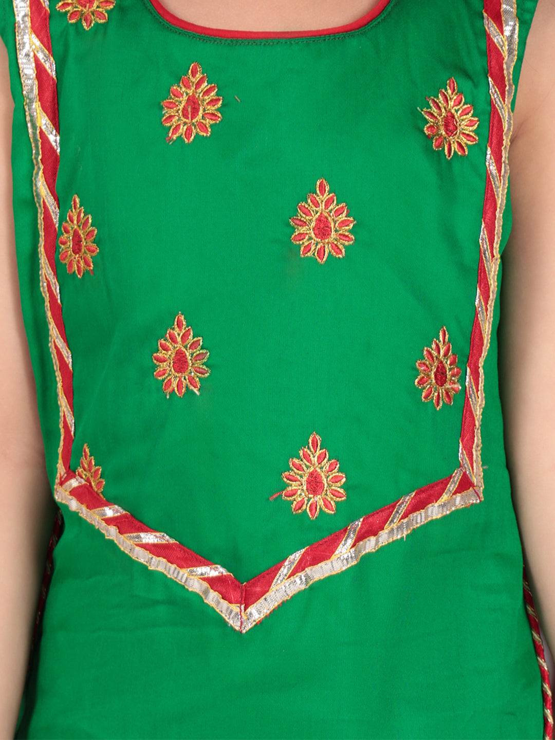 Kinder Kids Green Floral Embroidered Kurti With Red Pant and Dupatta