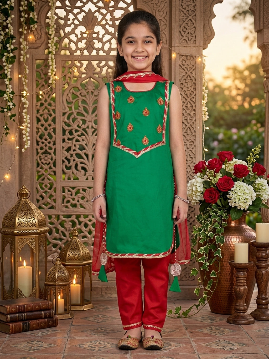 Kinder Kids Green Floral Embroidered Kurti With Red Pant and Dupatta