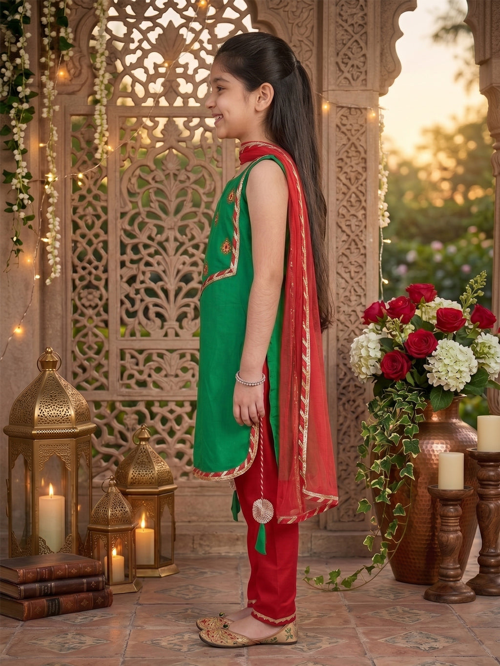 Kinder Kids Green Floral Embroidered Kurti With Red Pant and Dupatta