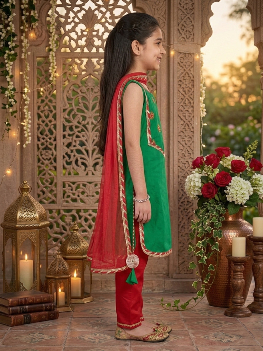 Kinder Kids Green Floral Embroidered Kurti With Red Pant and Dupatta