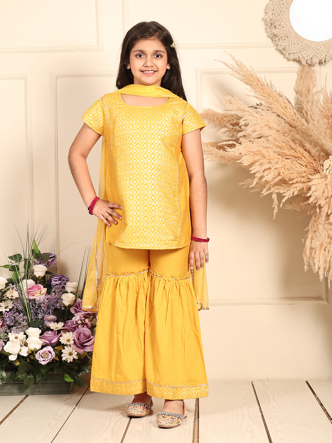 Yellow Jaquard kurti With Sharara and dupatta