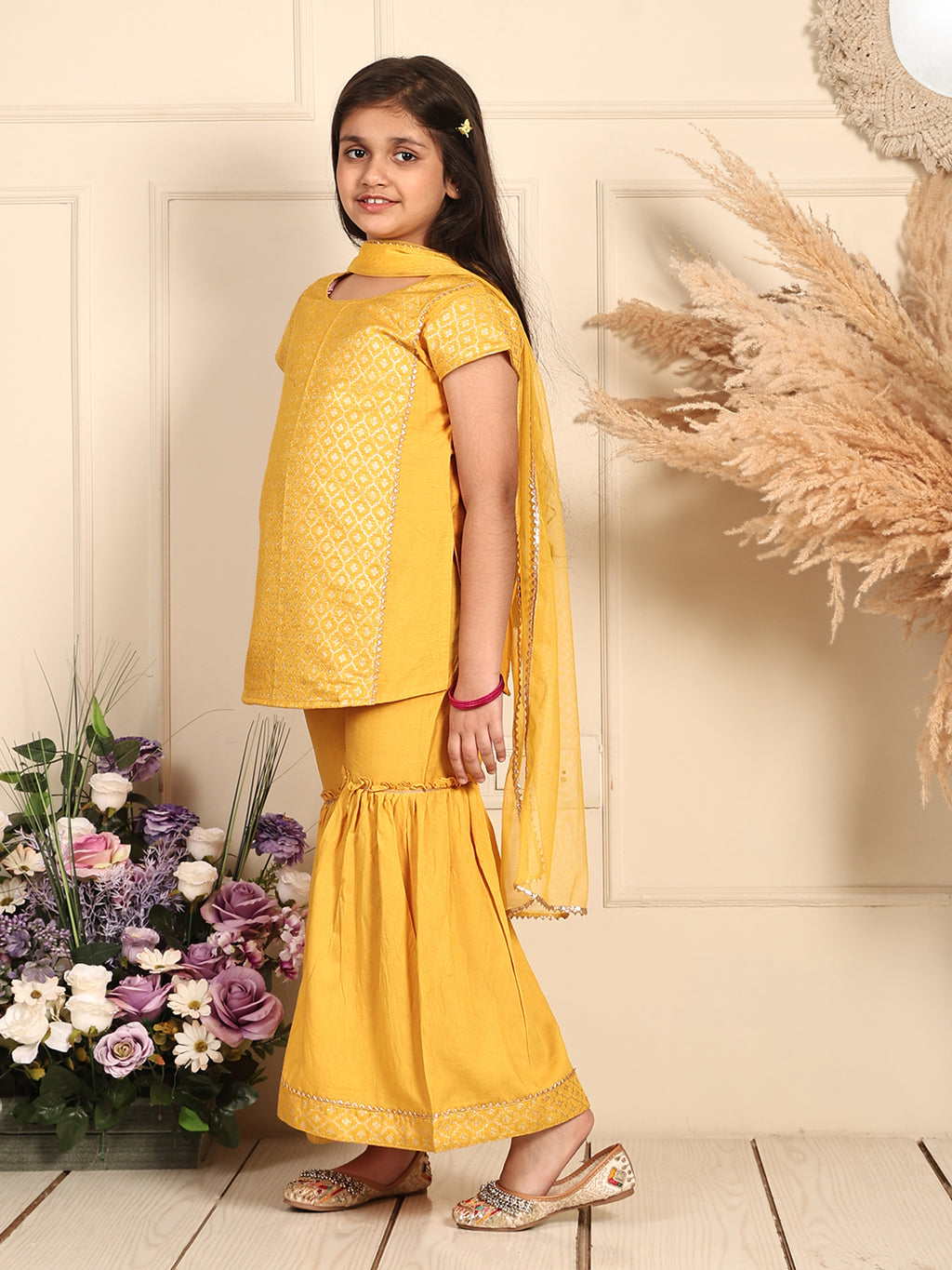 Yellow Jaquard kurti With Sharara and dupatta