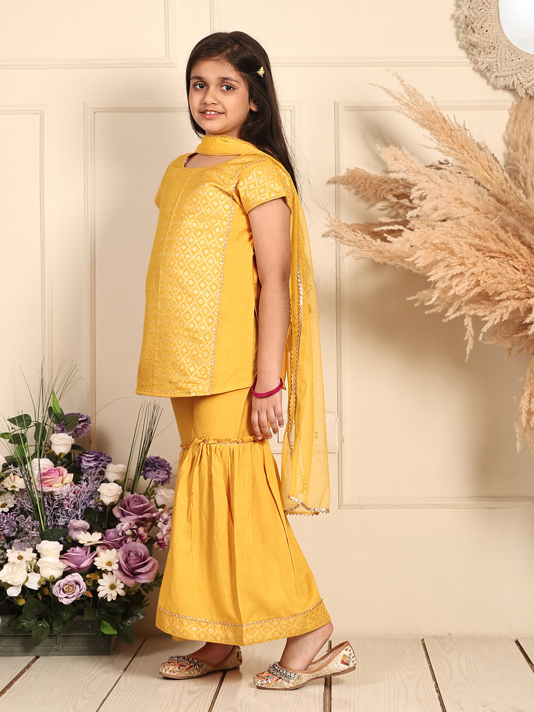 Yellow Jaquard kurti With Sharara and dupatta