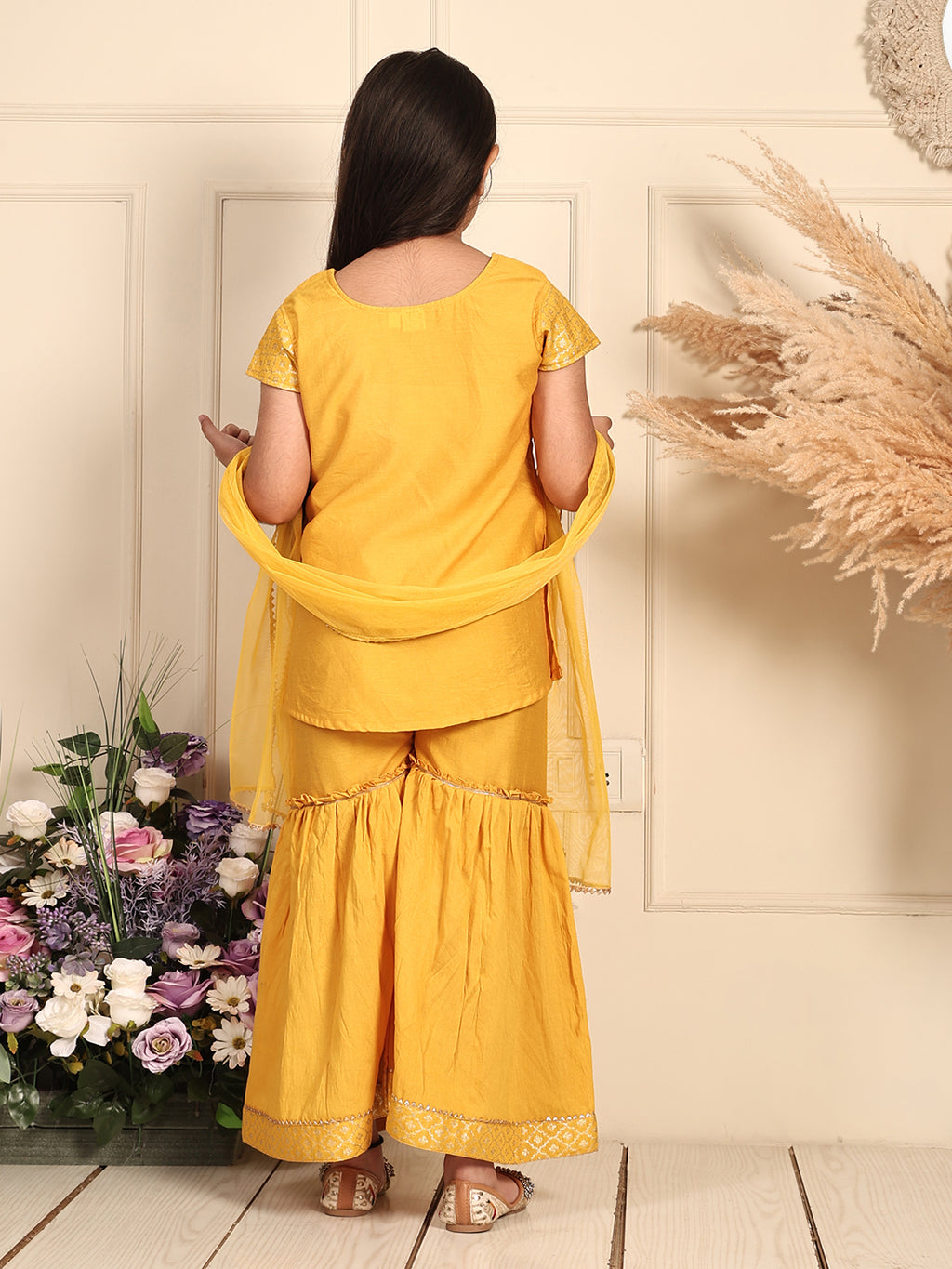 Yellow Jaquard kurti With Sharara and dupatta