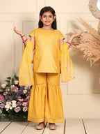 Yellow Jaquard kurti With Sharara and dupatta