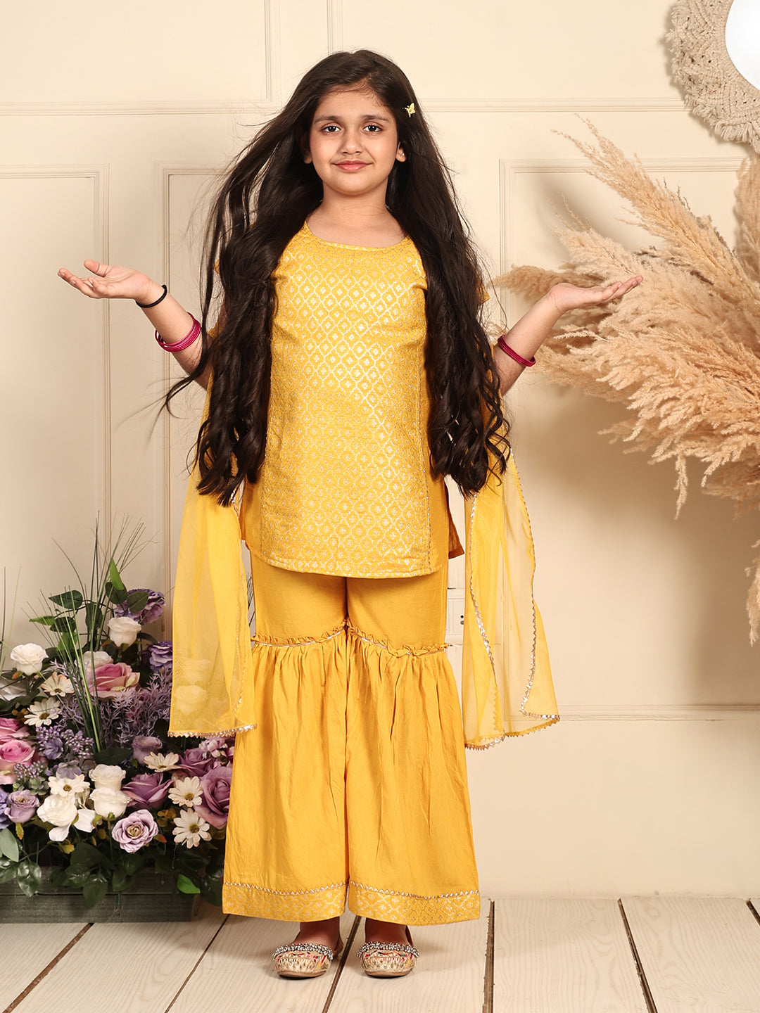 Yellow Jaquard kurti With Sharara and dupatta