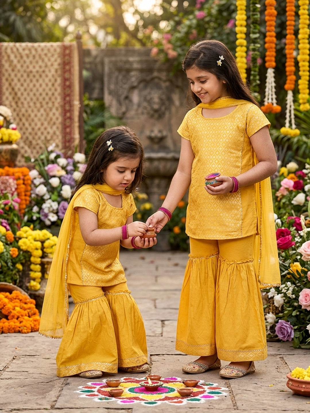 Yellow Jaquard kurti With Sharara and dupatta