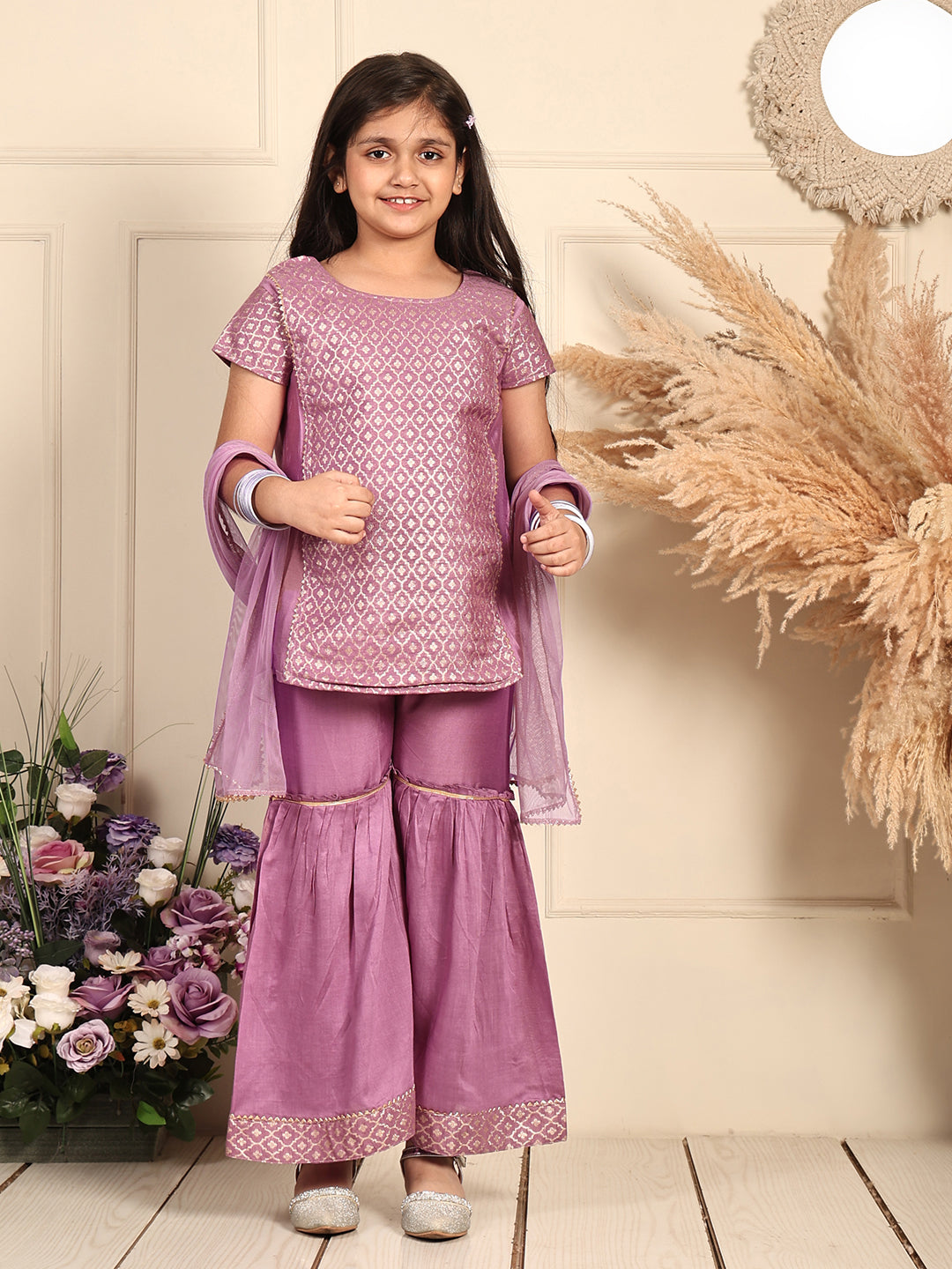 Purple Jaquard kurti With Sharara and dupatta