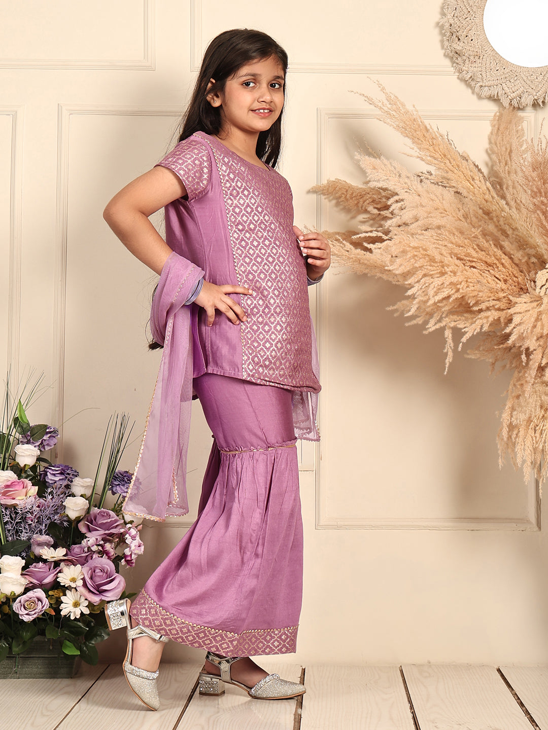 Purple Jaquard kurti With Sharara and dupatta