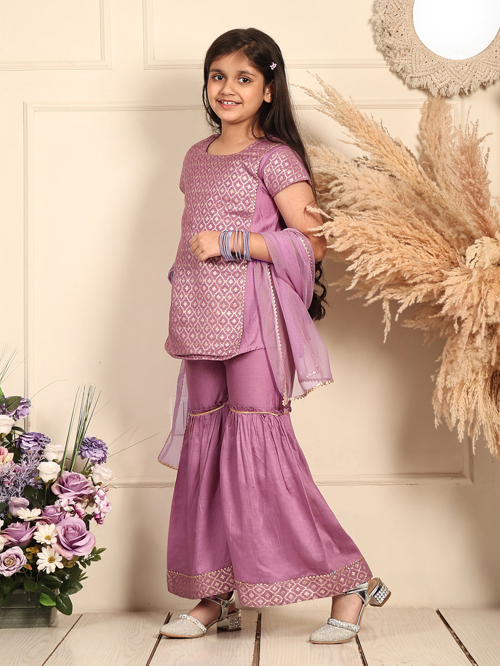 Purple Jaquard kurti With Sharara and dupatta