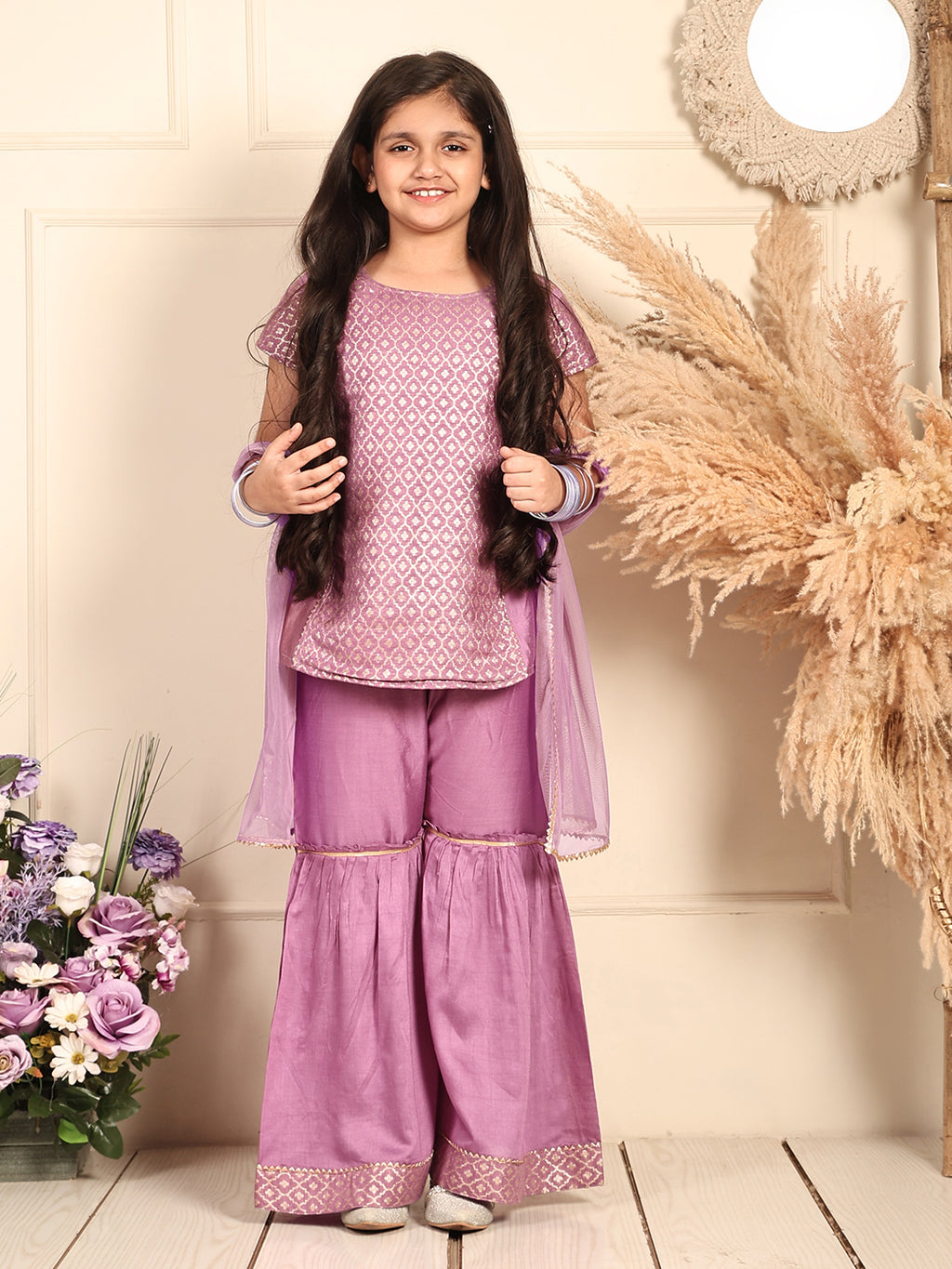 Purple Jaquard kurti With Sharara and dupatta