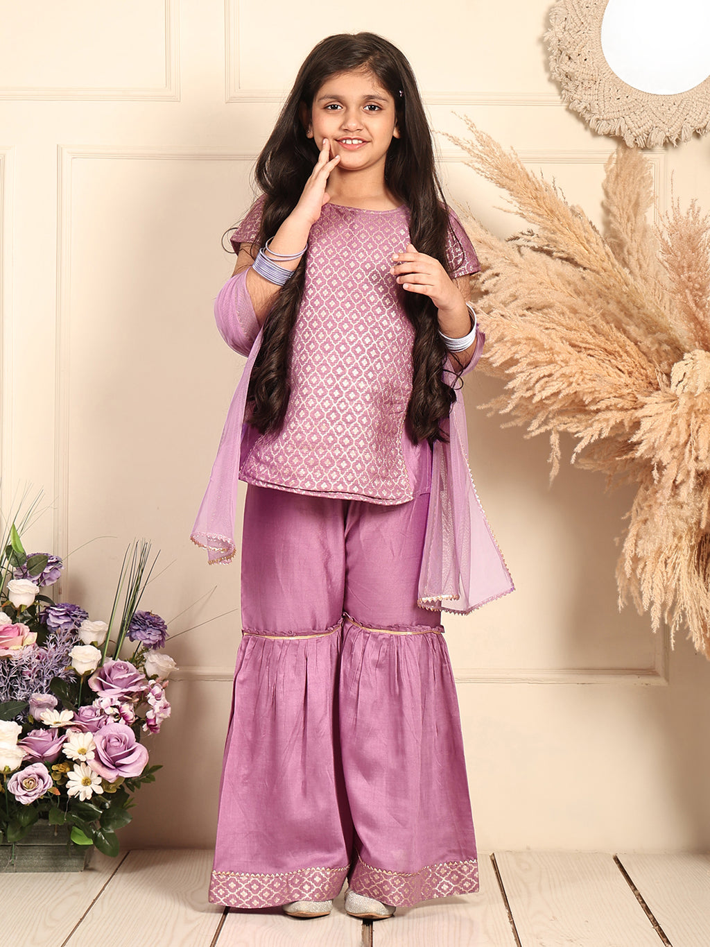 Purple Jaquard kurti With Sharara and dupatta