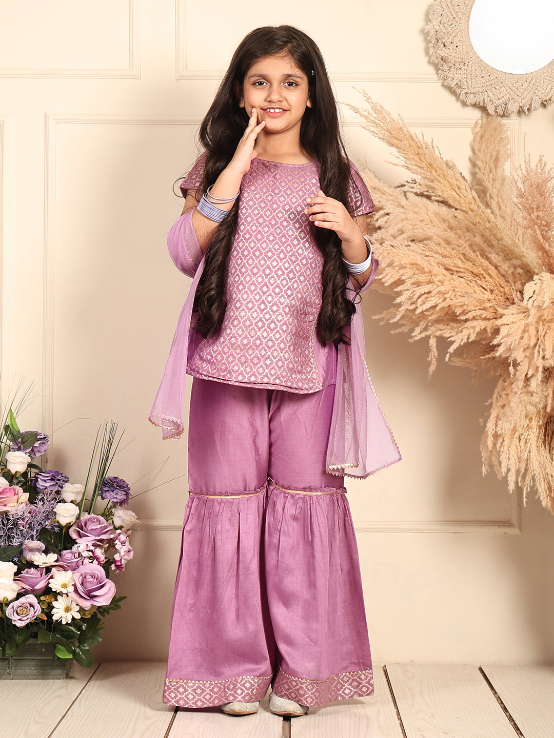 Purple Jaquard kurti With Sharara and dupatta