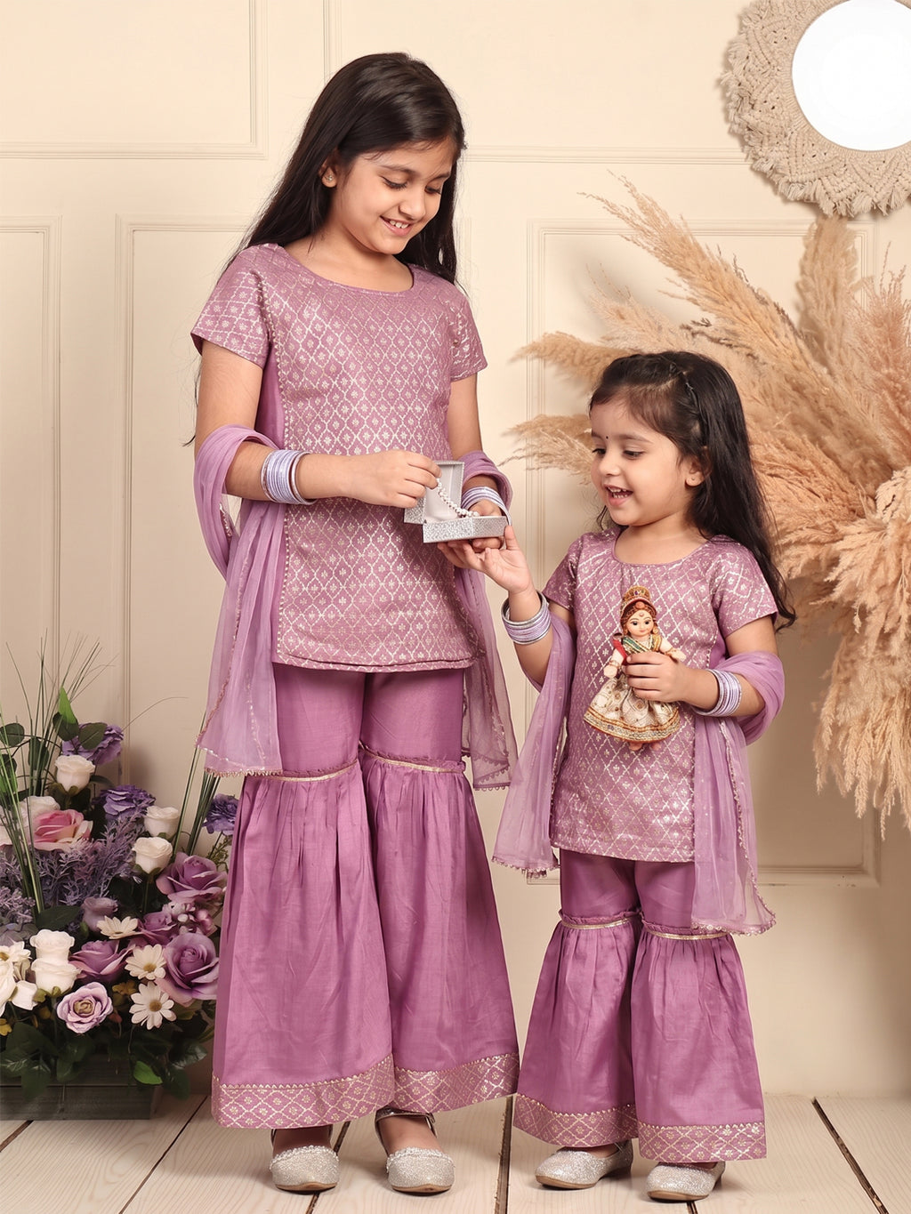 Purple Jaquard kurti With Sharara and dupatta