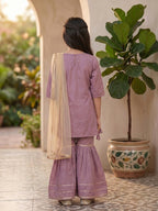 Kinder Kids Purple Floral printed Kurti With Purple Sharara and Dupatta