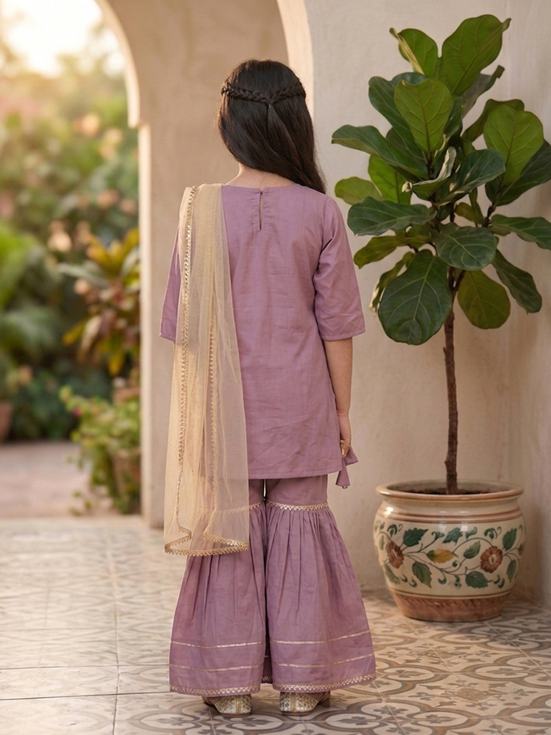 Kinder Kids Purple Floral printed Kurti With Purple Sharara and Dupatta
