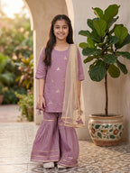 Kinder Kids Purple Floral printed Kurti With Purple Sharara and Dupatta