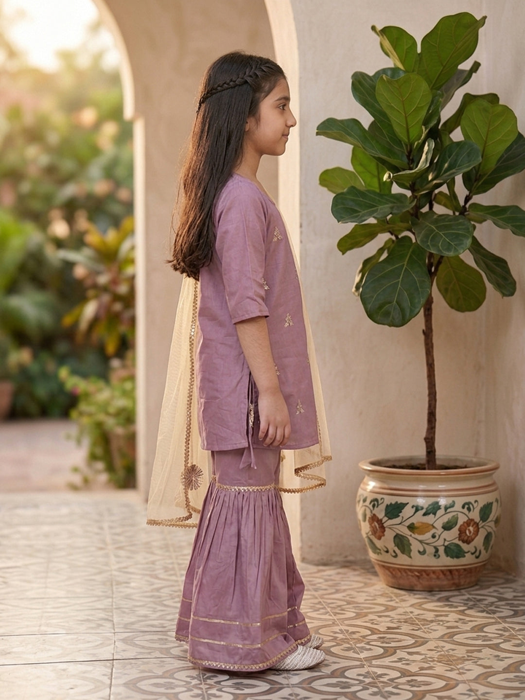 Kinder Kids Purple Floral printed Kurti With Purple Sharara and Dupatta