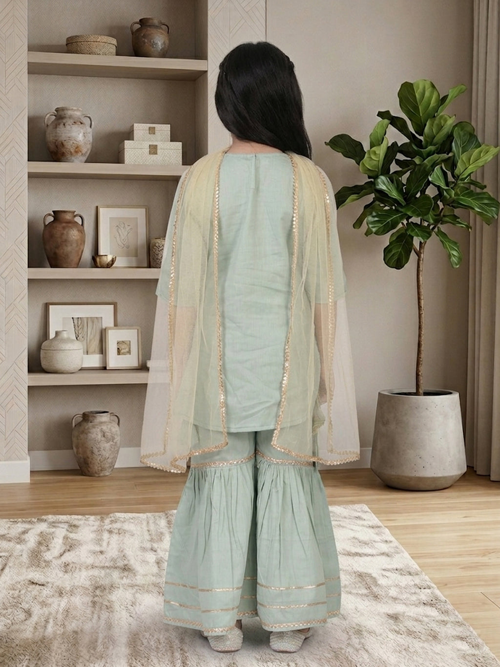 Kinder Kids Sky Floral printed kurti With Sky Sharara and Dupatta