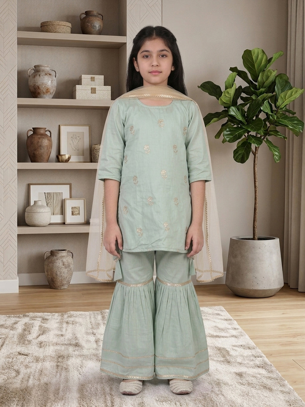 Kinder Kids Sky Floral printed kurti With Sky Sharara and Dupatta
