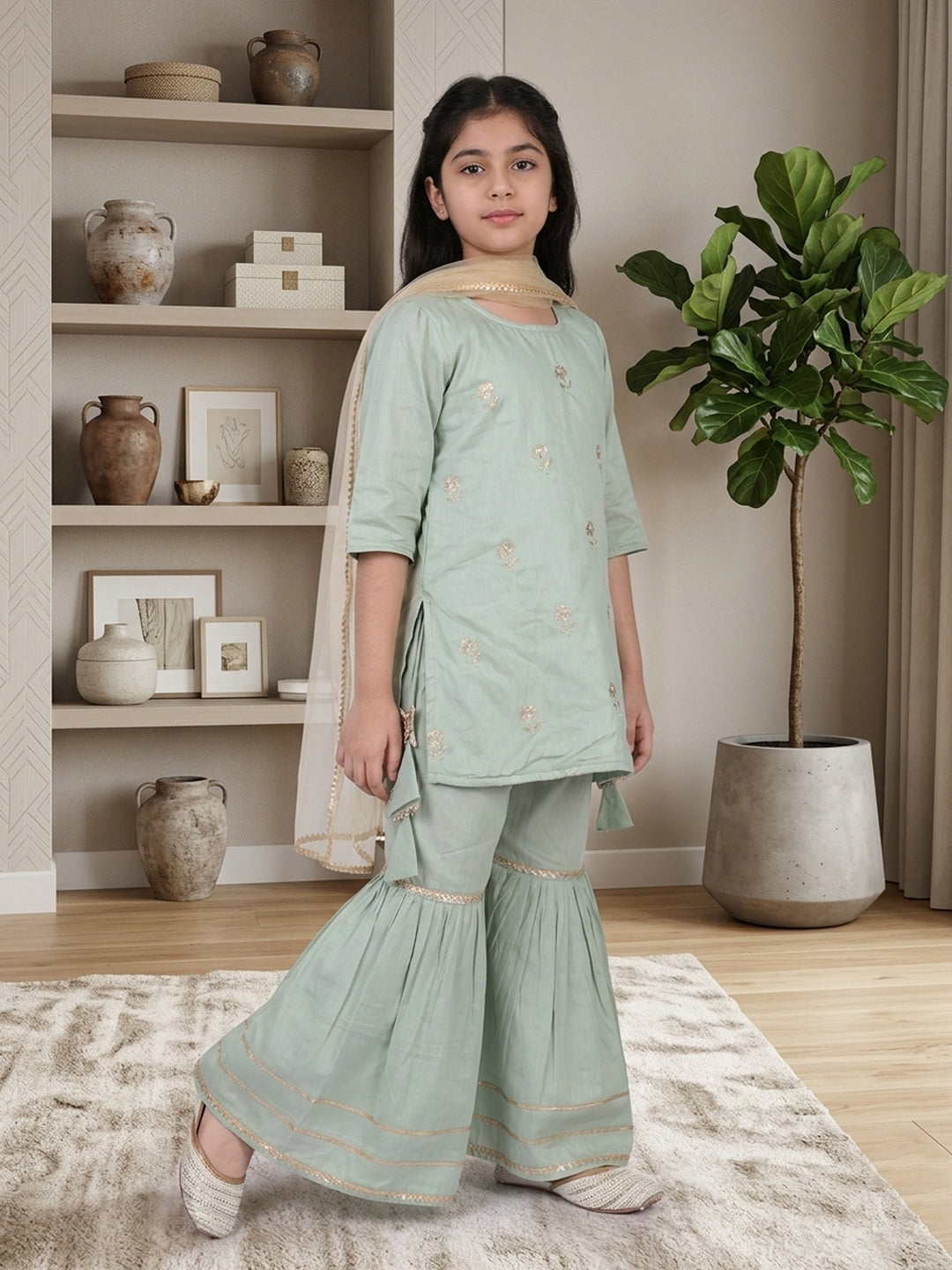 Kinder Kids Sky Floral printed kurti With Sky Sharara and Dupatta