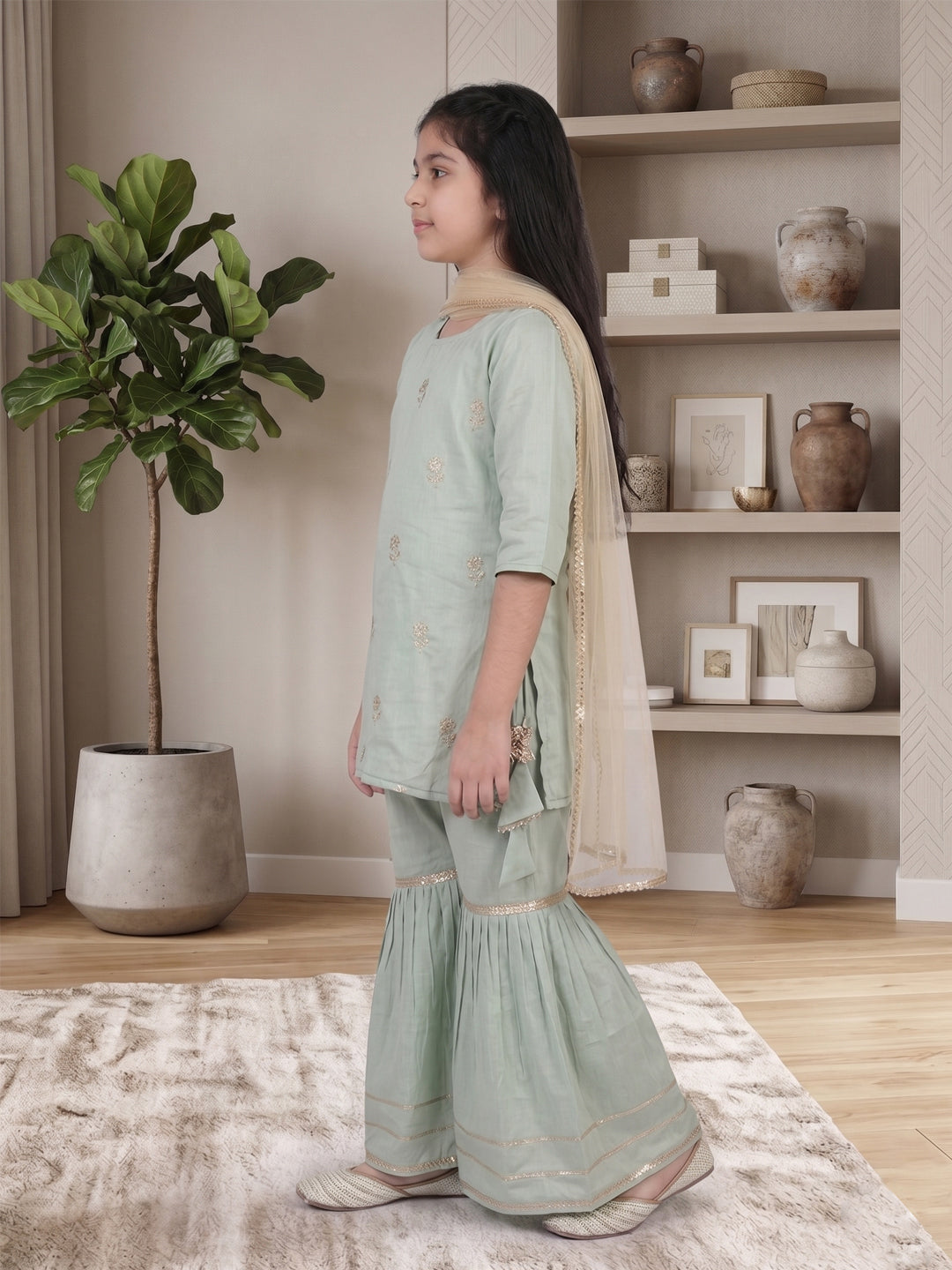 Kinder Kids Sky Floral printed kurti With Sky Sharara and Dupatta