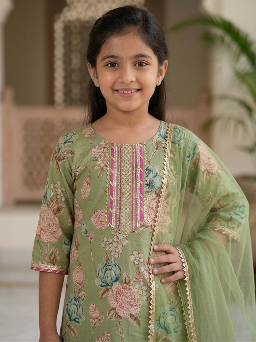 Kinder Kids Green Floral printed kurti With Green Sharara and dupatta