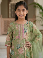 Kinder Kids Green Floral printed kurti With Green Sharara and dupatta