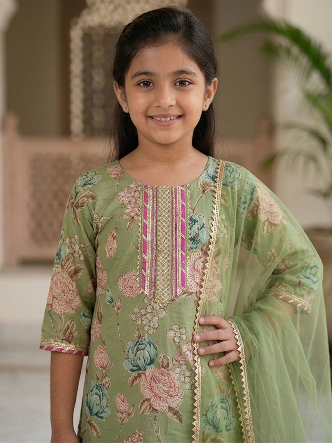 Kinder Kids Green Floral printed kurti With Green Sharara and dupatta