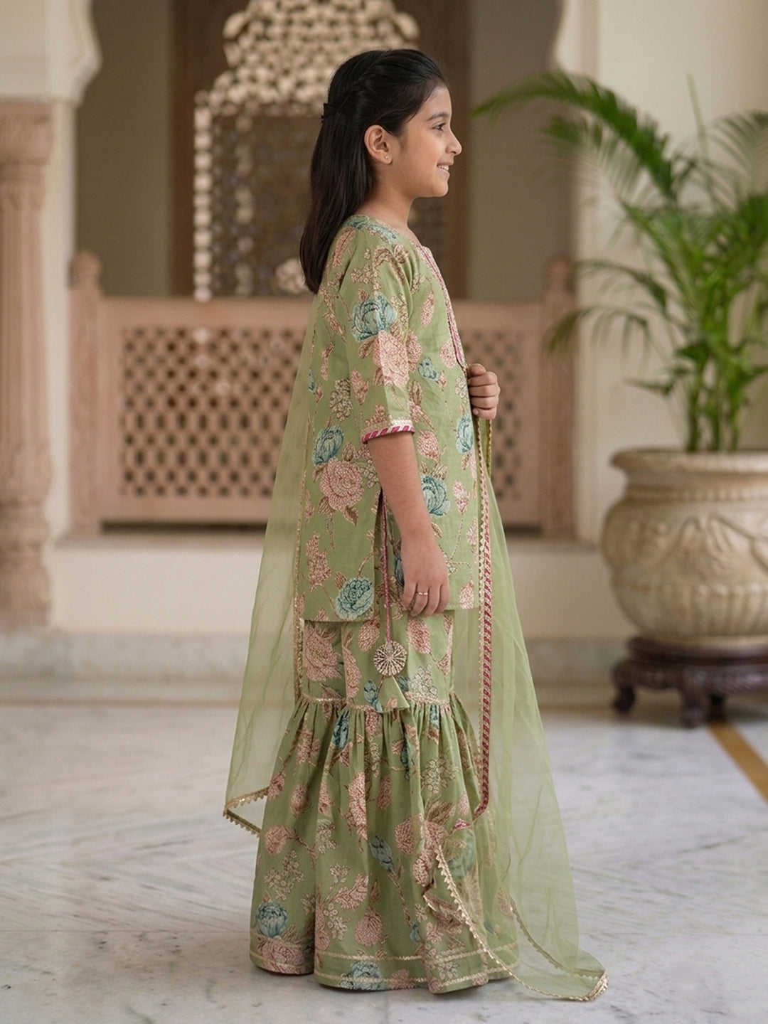 Kinder Kids Green Floral printed kurti With Green Sharara and dupatta