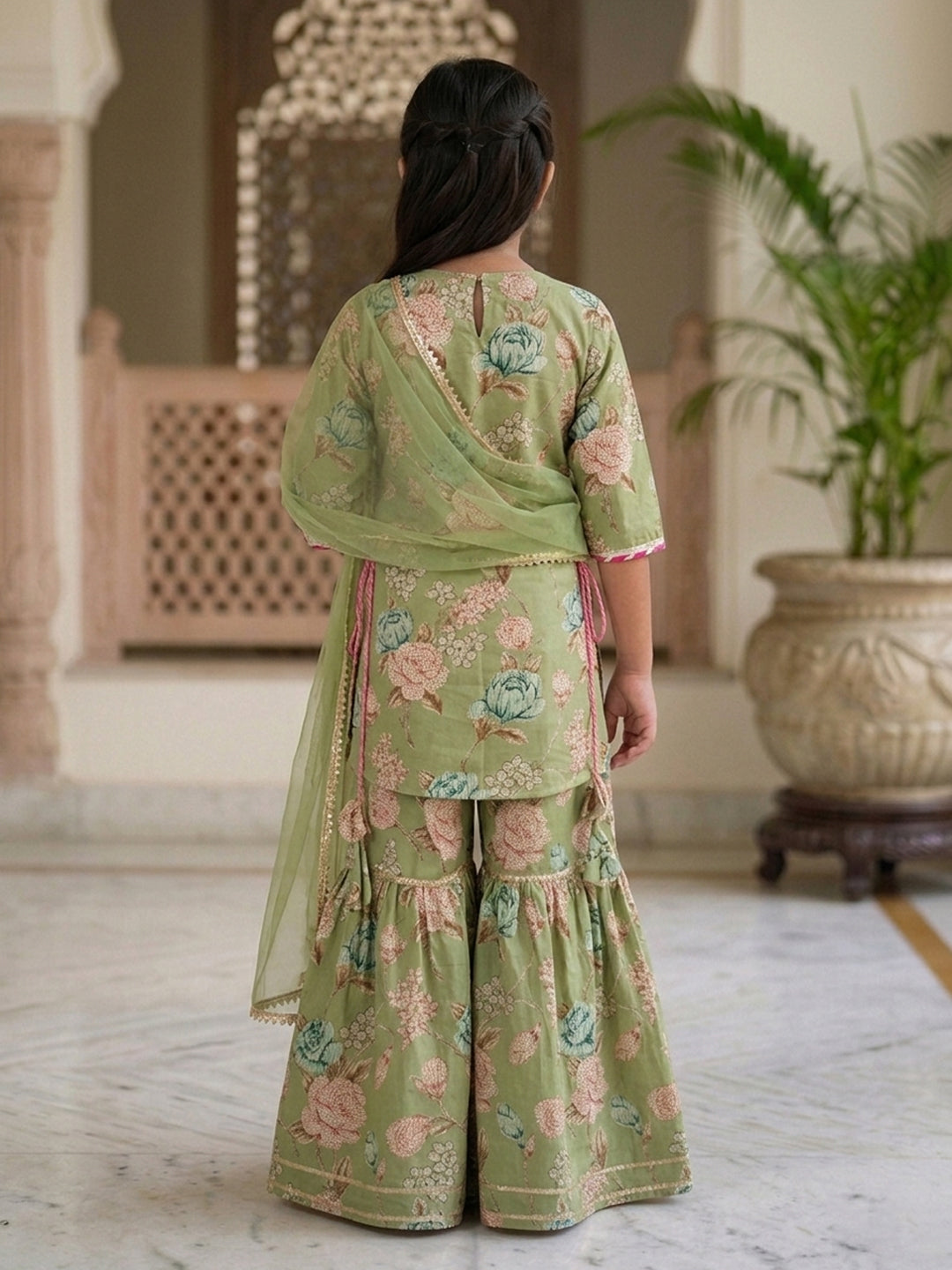 Kinder Kids Green Floral printed kurti With Green Sharara and dupatta