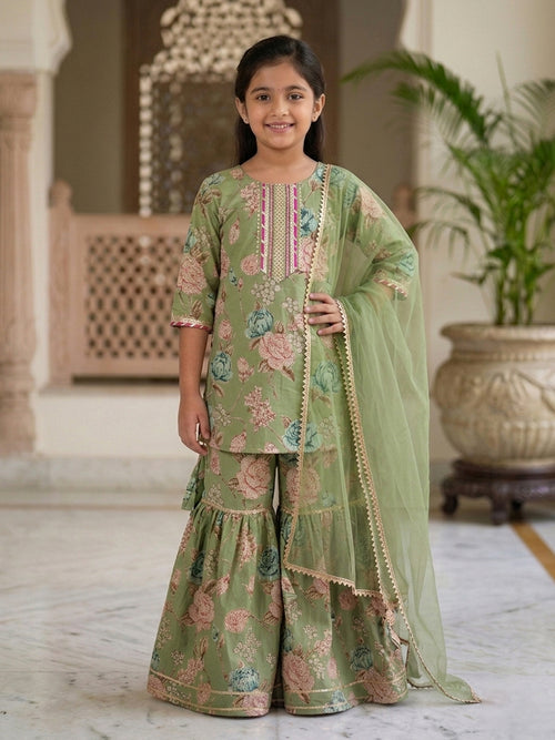 Kinder Kids Green Floral printed kurti With Green Sharara and Dupatta
