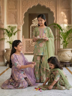 Kinder Kids Green Floral printed kurti With Green Sharara and dupatta
