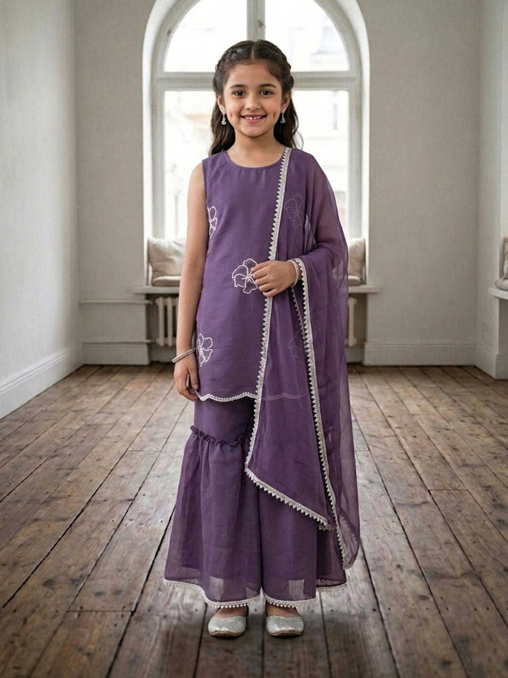Kinder Kids Purple Embroidered Kurti With Purple Sharara and Dupatta