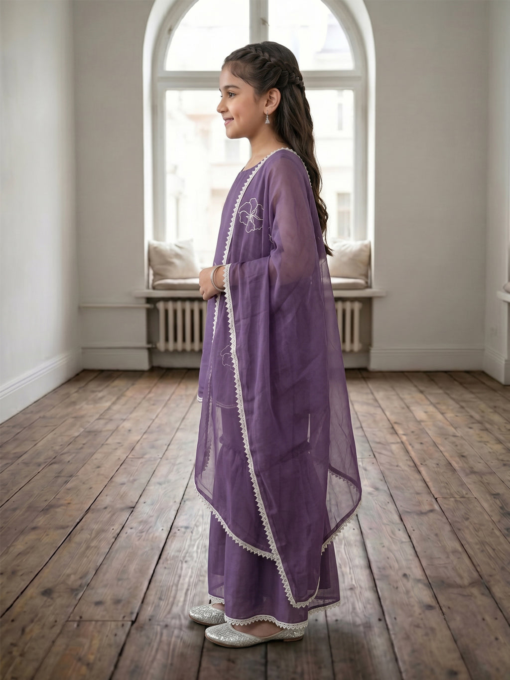 Kinder Kids Purple Embroidered Kurti With Purple Sharara and Dupatta