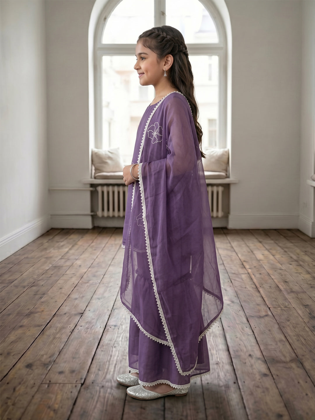 Kinder Kids Purple Embroidered Kurti With Purple Sharara and Dupatta
