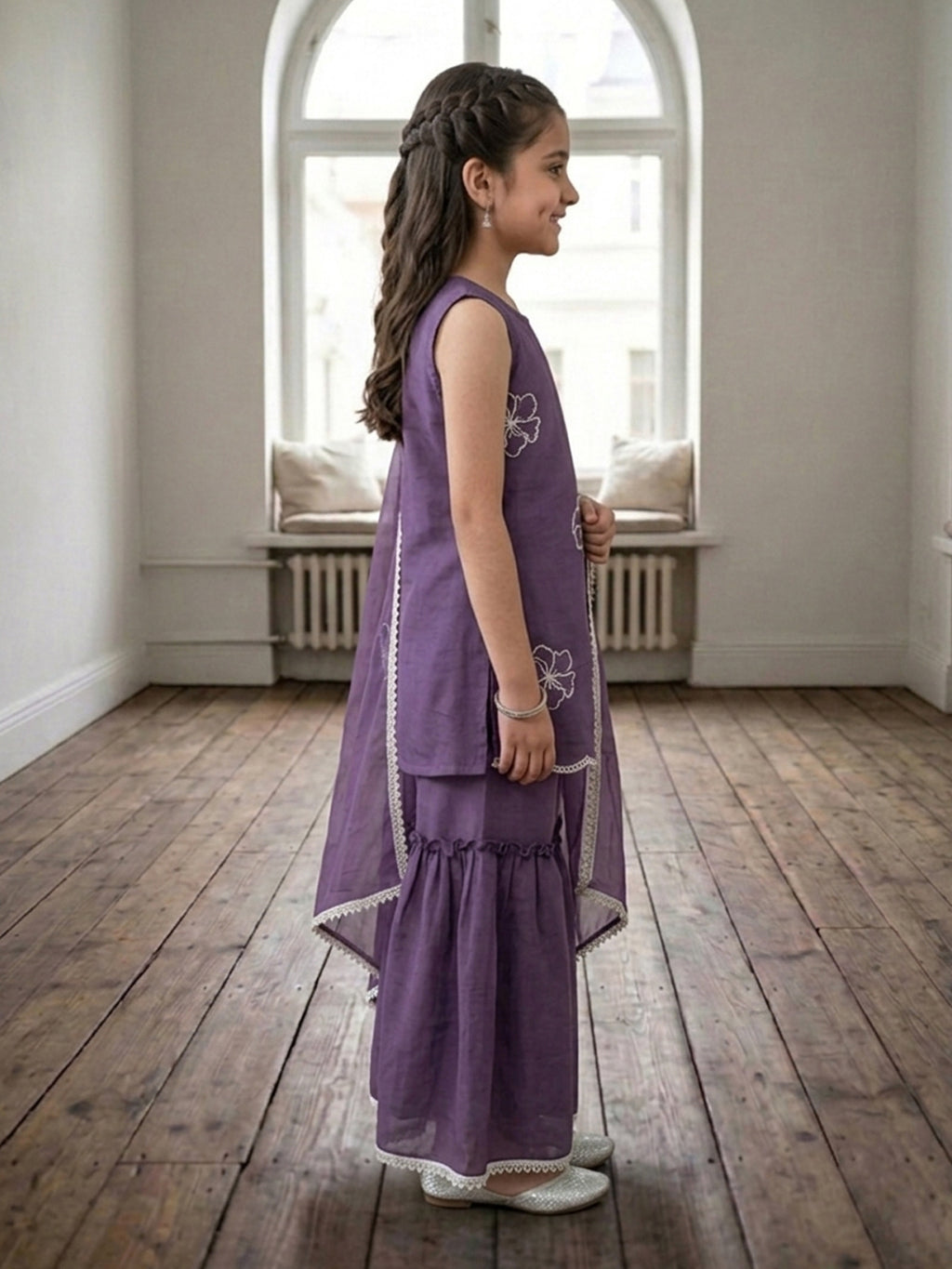 Kinder Kids Purple Embroidered Kurti With Purple Sharara and Dupatta