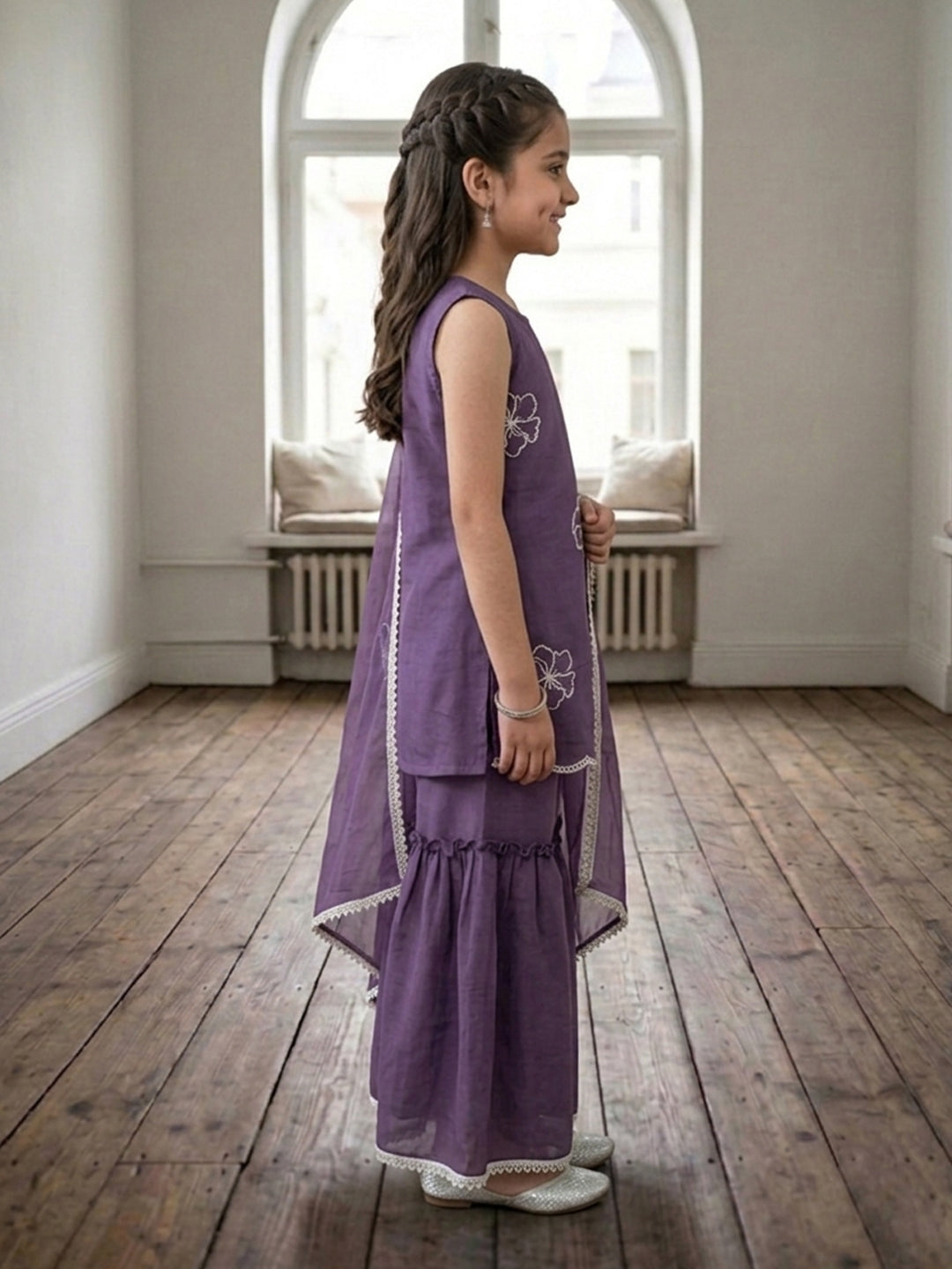 Kinder Kids Purple Embroidered Kurti With Purple Sharara and Dupatta