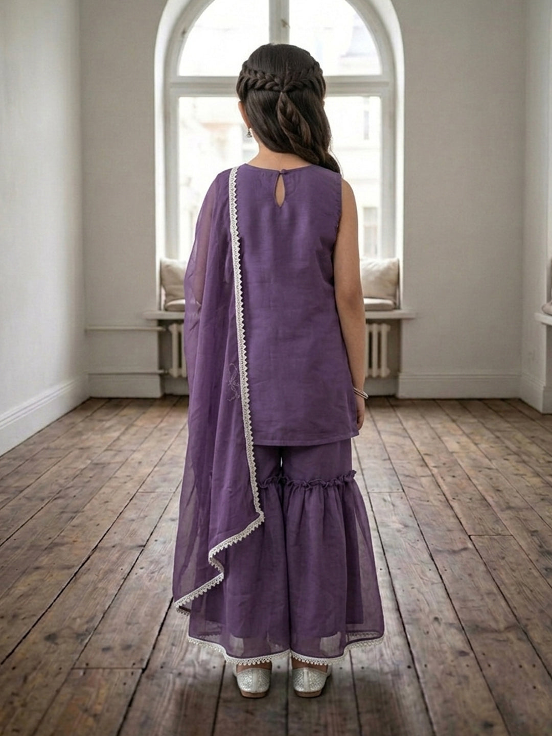 Kinder Kids Purple Embroidered Kurti With Purple Sharara and Dupatta