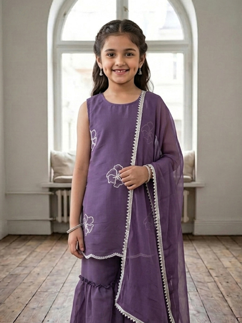 Kinder Kids Purple Embroidered Kurti With Purple Sharara and Dupatta