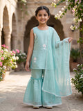 Kinder Kids Sky Embroidered Kurti With Sky Sharara and Dupatta